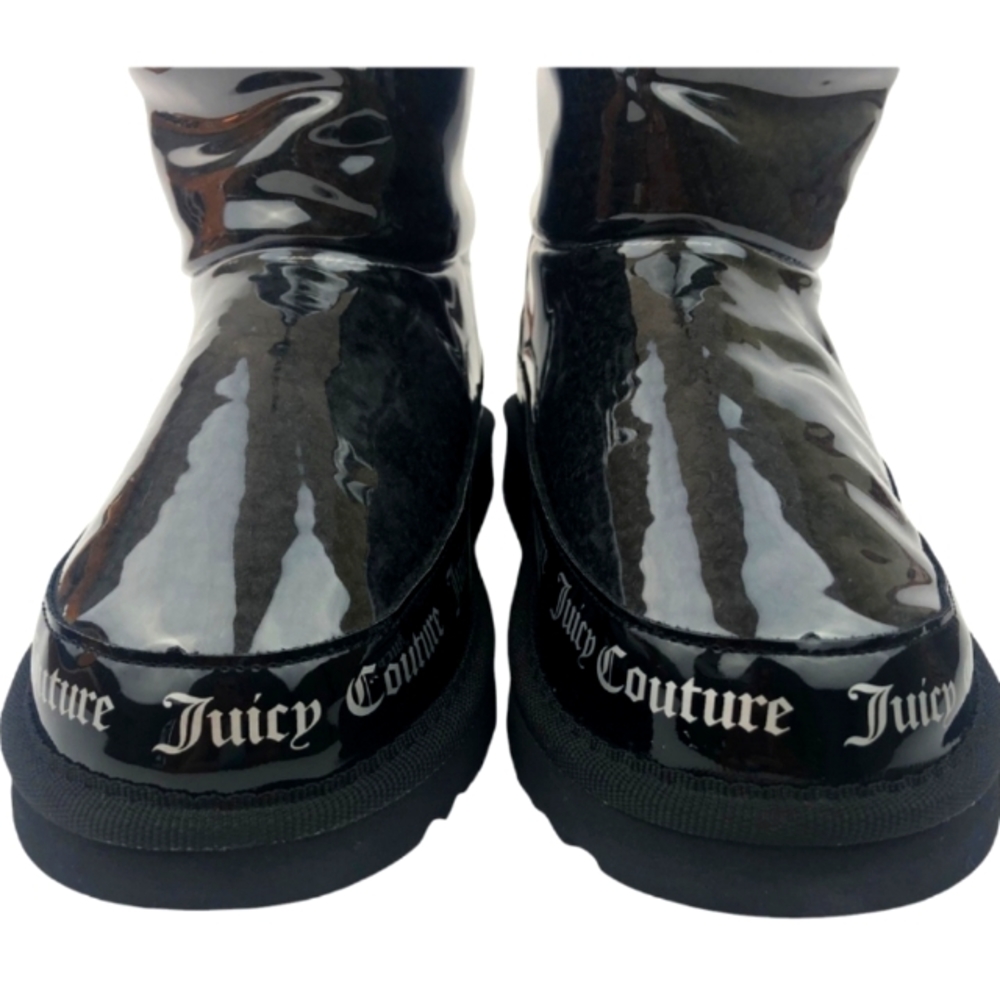 JUICY COUTURE Clash Boots Clear Mirrored Sherpa Bootie, black faux fur, size 8